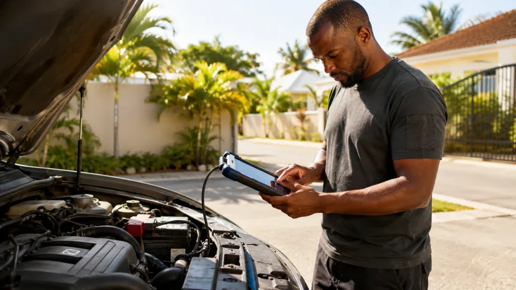 Mécanicien Mecaprog en dépannage auto à domicile : diagnostic OBD sur un moteur, dans une rue résidentielle de Guadeloupe