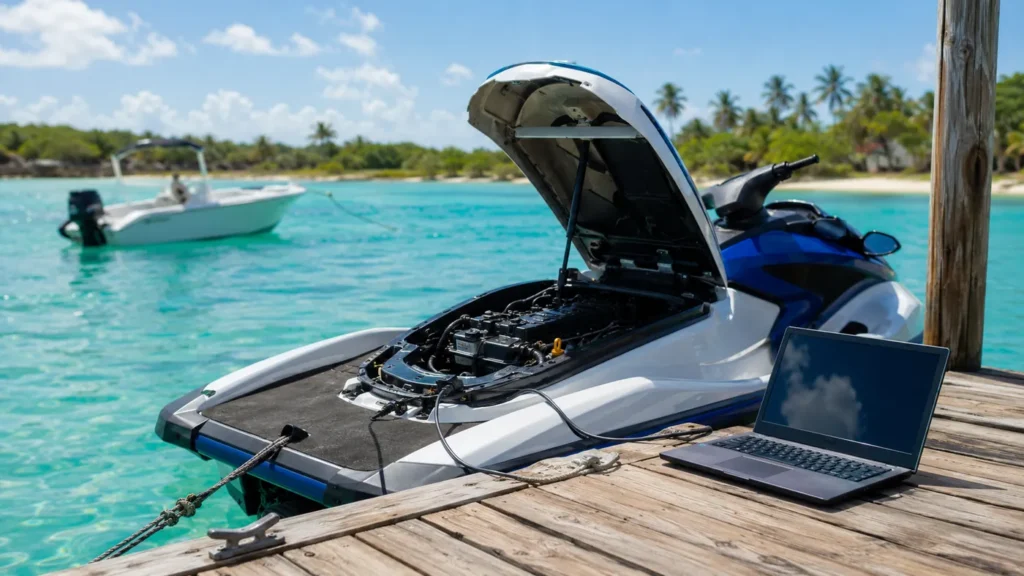 Reprogrammation d'un jet-ski capot ouvert sur un ponton, ordinateur de diagnostic branché au moteur, lagon turquoise et bateau en arrière-plan — Mecaprog Guadeloupe