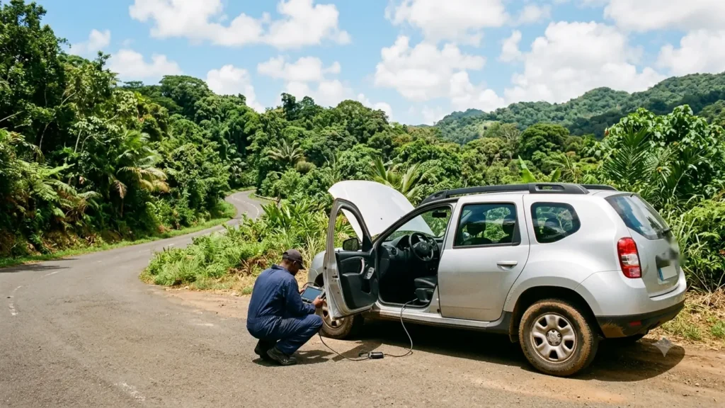 Dépannage auto à domicile en Guadeloupe : technicien branchant une valise de diagnostic sur une voiture en panne au bord d'une route tropicale — Mecaprog