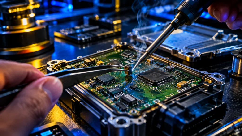 Reparation d un calculateur moteur ECU ouvert par micro-soudure de precision, carte electronique et composants, chez Mecaprog en Guadeloupe