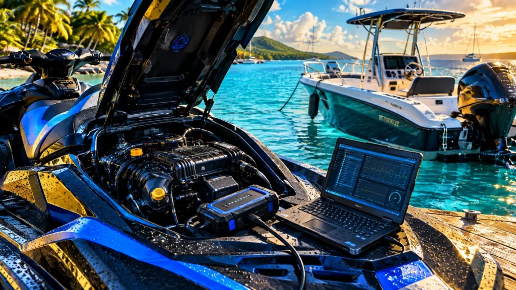 Moteur de jet-ski ouvert avec ordinateur de diagnostic branche au bord d une eau turquoise, bateau a moteur amarre, chez Mecaprog en Guadeloupe