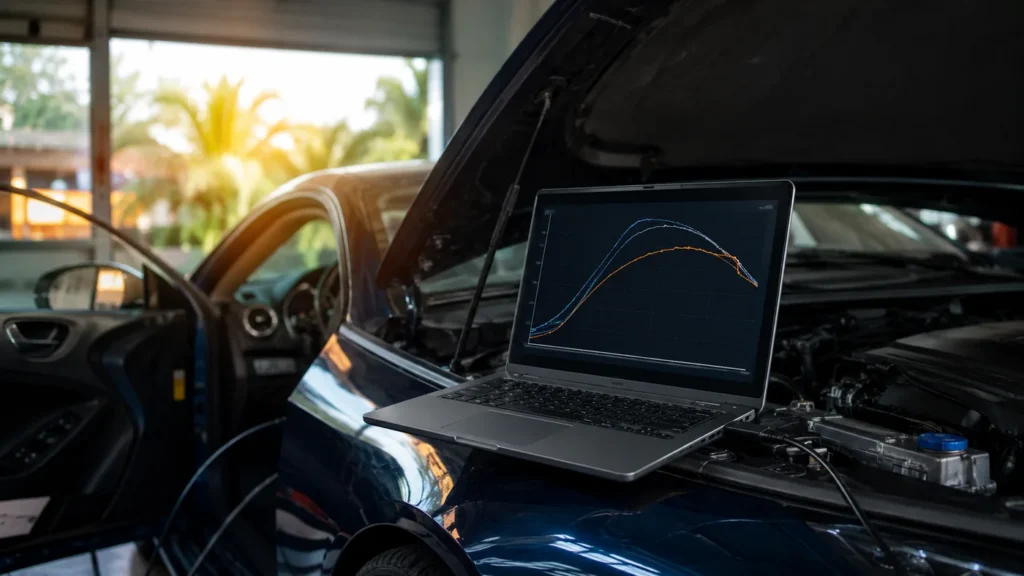 Ordinateur portable de reprogrammation moteur Stage 1 branché en OBD sur une voiture capot ouvert, atelier Mecaprog en Guadeloupe