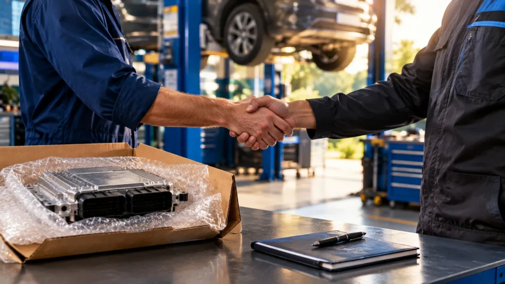 Poignée de main entre un garagiste et un technicien Mecaprog devant un pont élévateur, avec un calculateur moteur emballé prêt à l'envoi : sous-traitance électronique pour garages des Antilles-Guyane