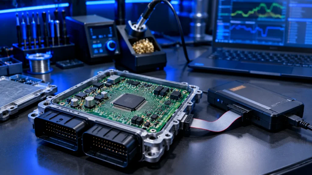 Calculateur moteur ouvert sur l'établi Mecaprog : carte électronique et microprocesseur reliés à un programmateur pour lecture, réparation et clonage de l'ECU