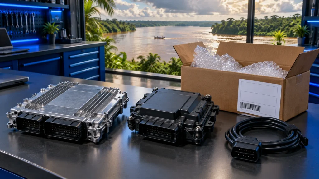 Calculateur moteur ECU et boîtier TCU prêts à être expédiés en carton depuis la Guyane vers Mecaprog, avec câble OBD, atelier électronique et vue sur un fleuve amazonien