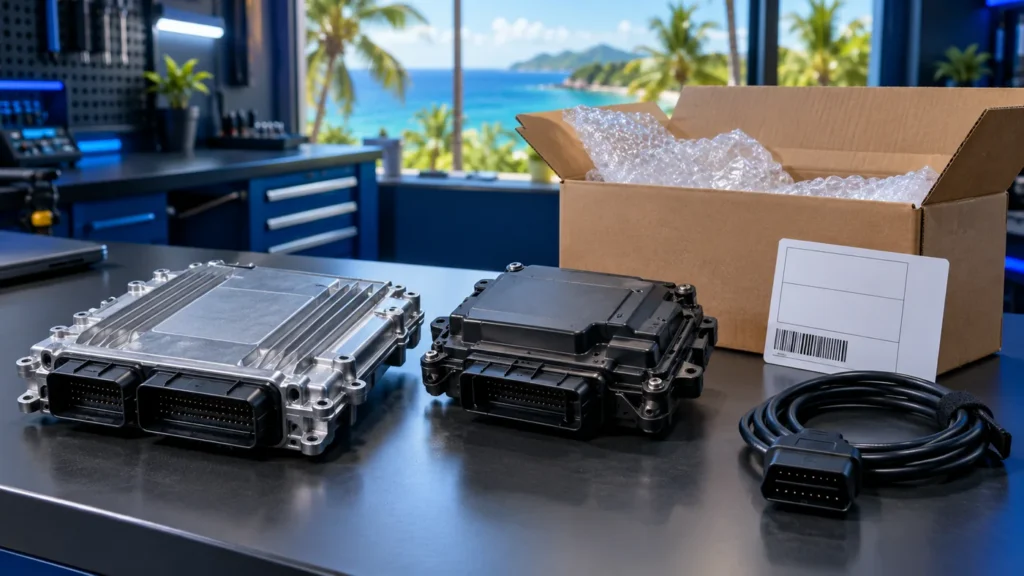 Calculateur moteur ECU et boîtier TCU prêts à être expédiés en carton depuis la Martinique vers Mecaprog, avec câble OBD, atelier électronique et vue sur la mer des Antilles