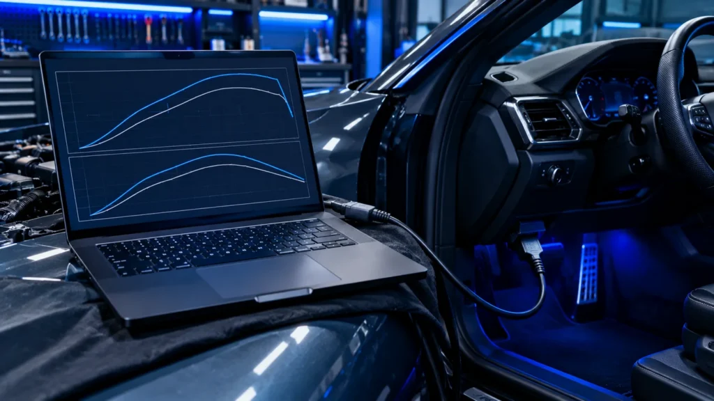 Ordinateur portable branché en OBD sur une voiture en atelier, affichant les courbes de puissance et de couple avant et après reprogrammation moteur Stage 1
