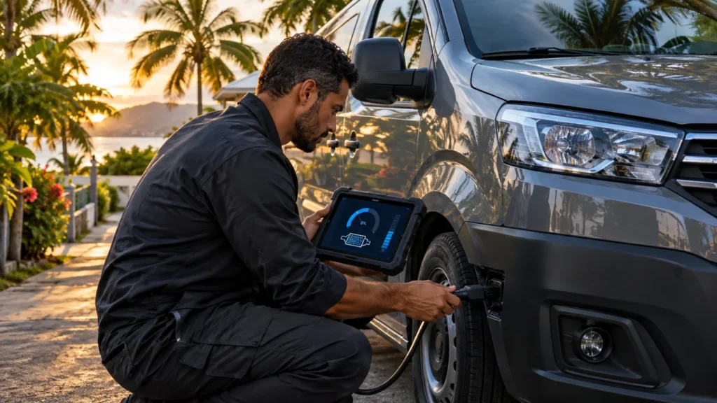 Technicien Mecaprog lançant une régénération forcée du filtre à particules avec une valise de diagnostic sur un utilitaire diesel, à domicile en Guadeloupe
