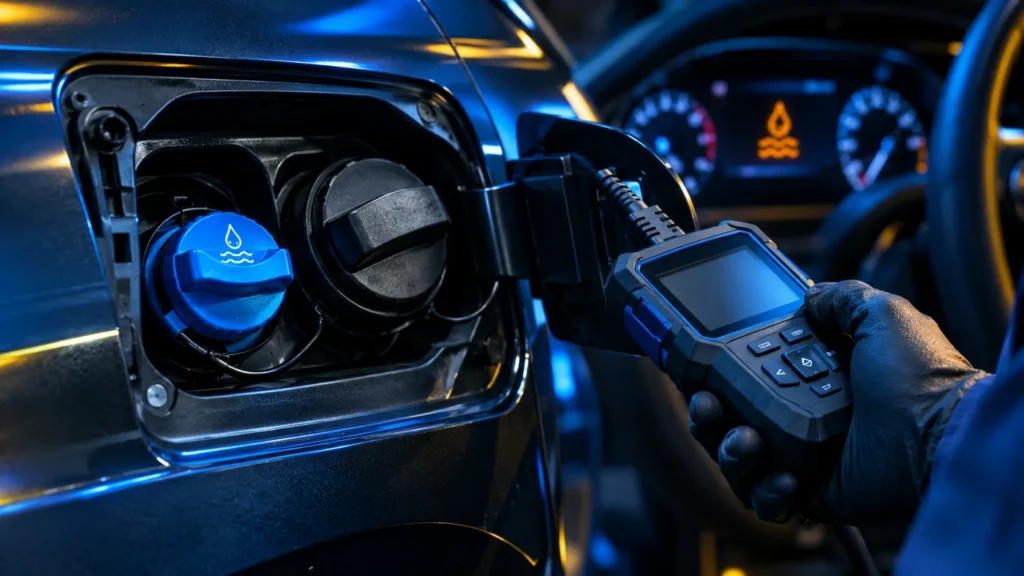 Bouchon de remplissage AdBlue bleu a cote du bouchon carburant, outil de diagnostic branche en OBD et voyant AdBlue au tableau de bord, chez Mecaprog en Guadeloupe