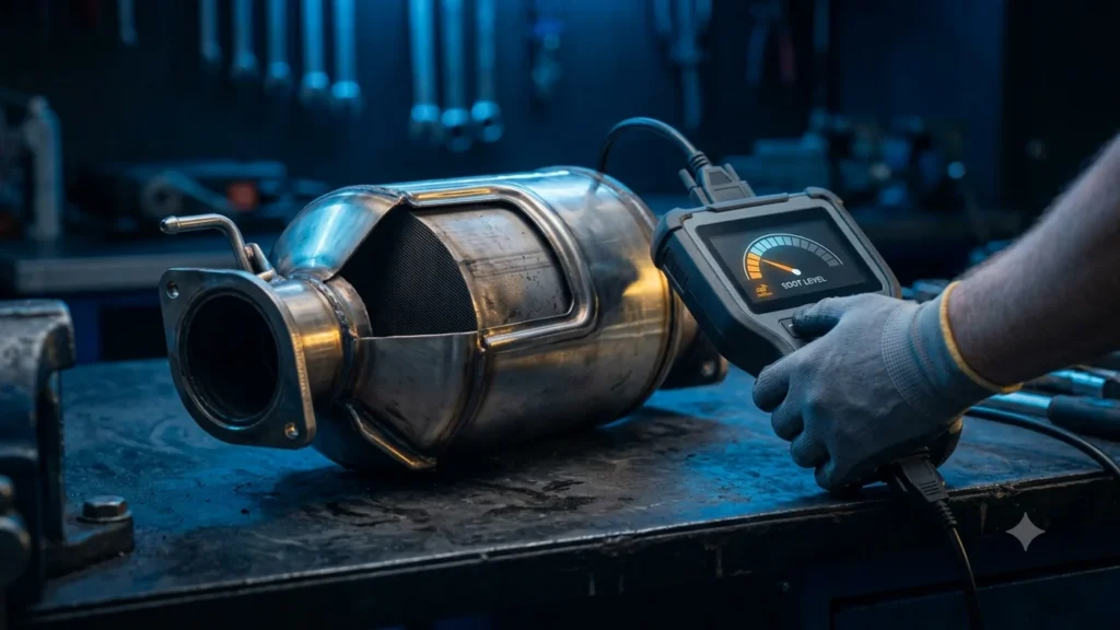 Filtre a particules FAP diesel en inox demonte sur un plan de travail d atelier, avec un outil de diagnostic affichant le taux de suies, chez Mecaprog en Guadeloupe